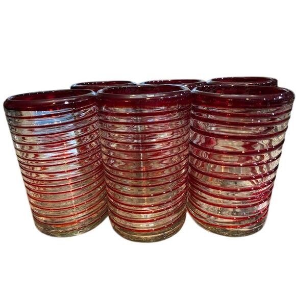 Red Spiral Design Drinking Glasses Set 6 Mexico Hand Blown 14oz - Picture 2 of 6